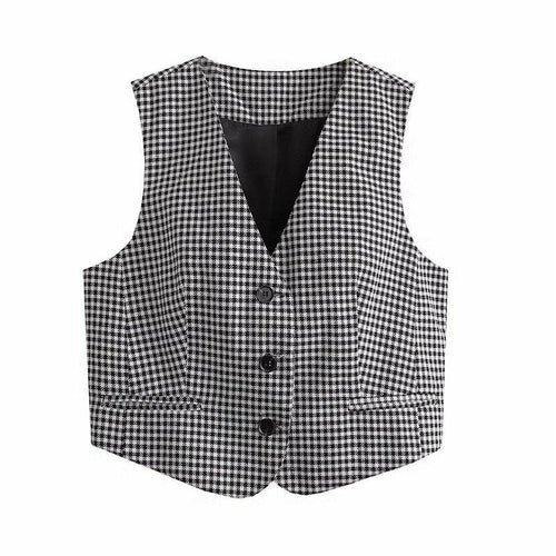 Black Plaid Vest Women V Neck Sleevless Chic Tops