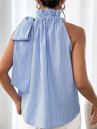 Blue Striped Frill Neck Tie Knot Sleeveless Top