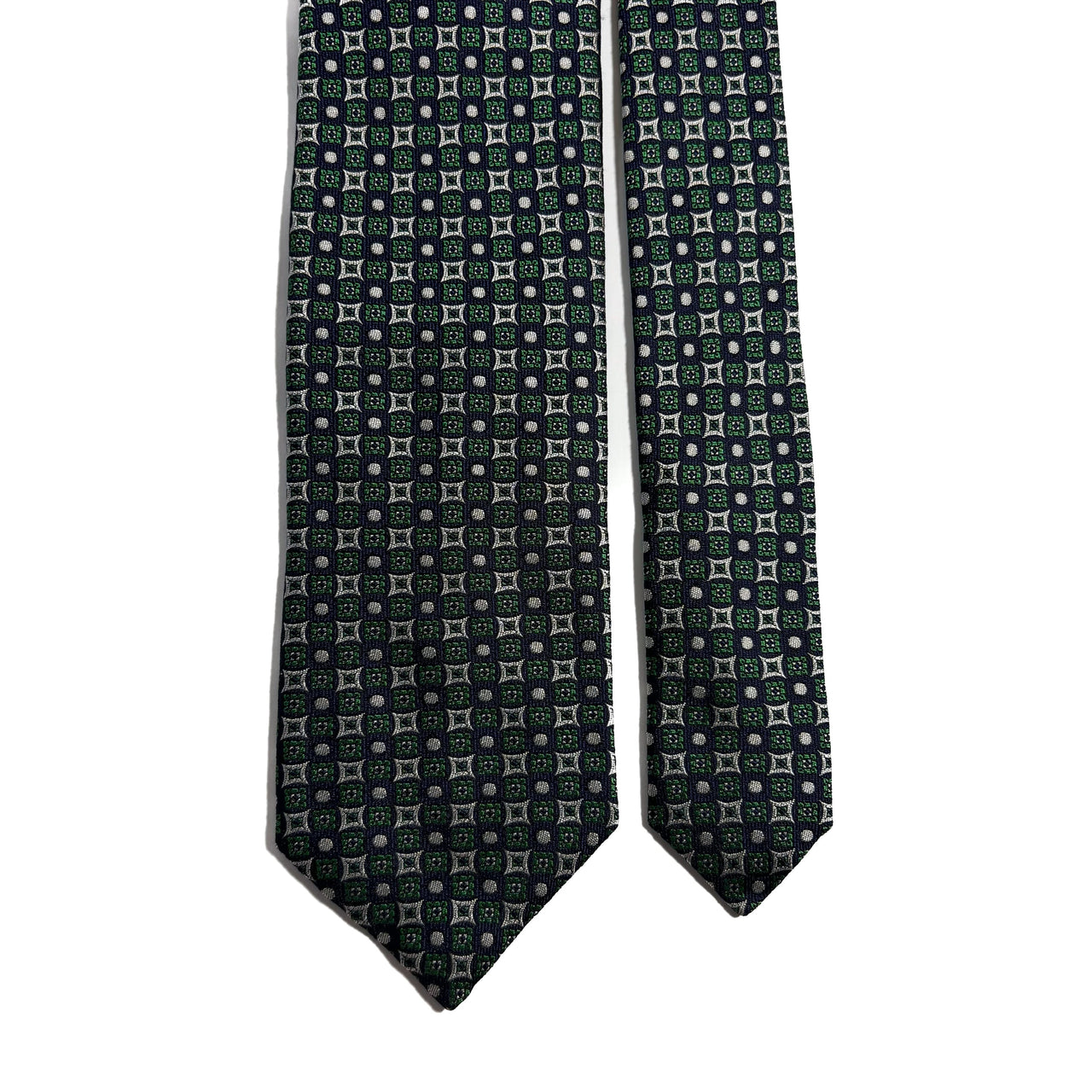 Navy Blue & Green Geometric Jacquard Silk Tie