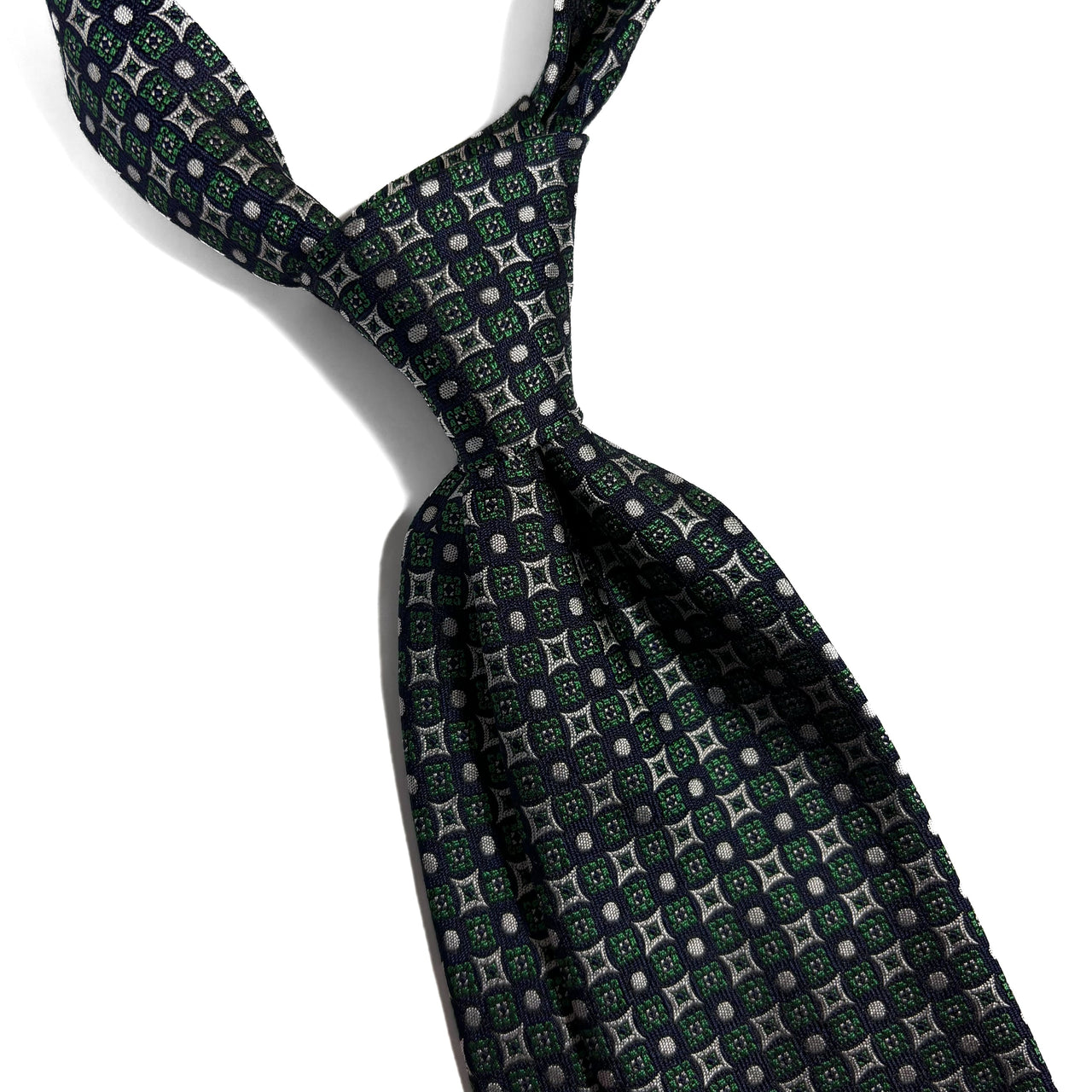 Navy Blue & Green Geometric Jacquard Silk Tie