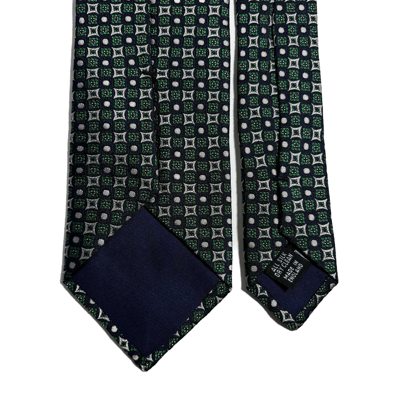 Navy Blue & Green Geometric Jacquard Silk Tie