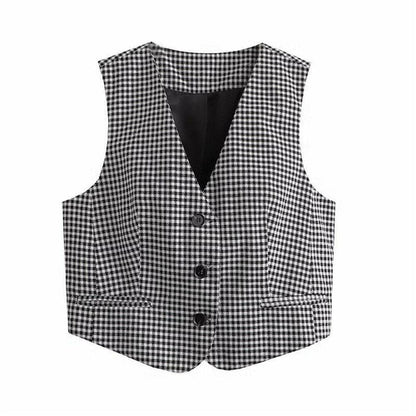 Black Plaid Vest Women V Neck Sleevless Chic Tops