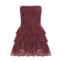 Sexy Leather Bra Strap Lace Stitching Puffy Tiered Dress Summer Set