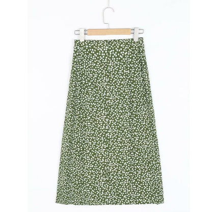 Fashion Vintage Skirt Flower Polka Dot Print High Waist Stretch Split