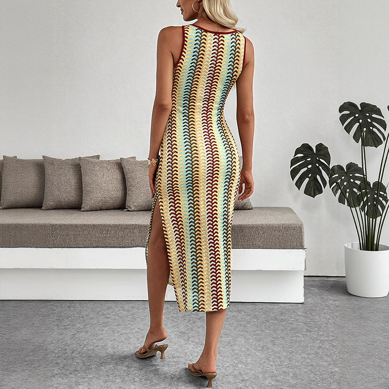 Ethnic Vacation round Neck Striped Contrast Color Sleeveless Sheath