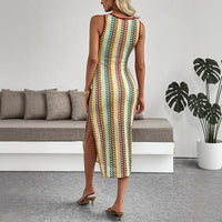 Ethnic Vacation round Neck Striped Contrast Color Sleeveless Sheath