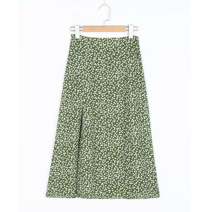 Fashion Vintage Skirt Flower Polka Dot Print High Waist Stretch Split