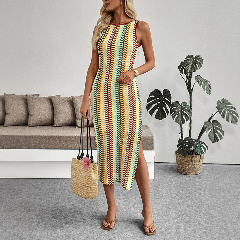 Ethnic Vacation round Neck Striped Contrast Color Sleeveless Sheath