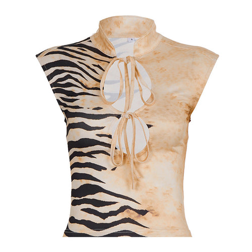 Personalized Hollow Out Cutout out Tied Stand Collar Top Women Animal