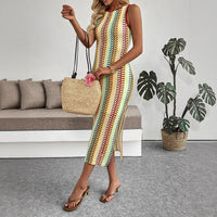 Ethnic Vacation round Neck Striped Contrast Color Sleeveless Sheath