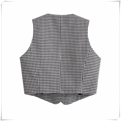 Black Plaid Vest Women V Neck Sleevless Chic Tops