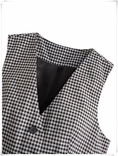 Black Plaid Vest Women V Neck Sleevless Chic Tops