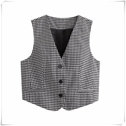 Black Plaid Vest Women V Neck Sleevless Chic Tops