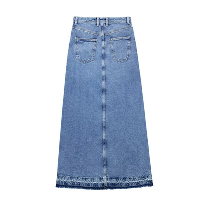 Straight Denim Maxi Skirt with Tassel Trim and Slit