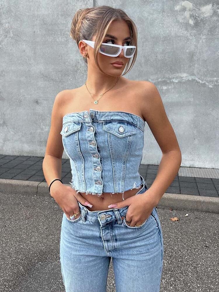 Button-up Denim Corset Crop Top