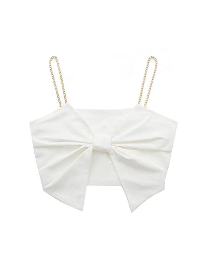 White Slim Bow Short Tops Sweet Backless Cropped Camisole