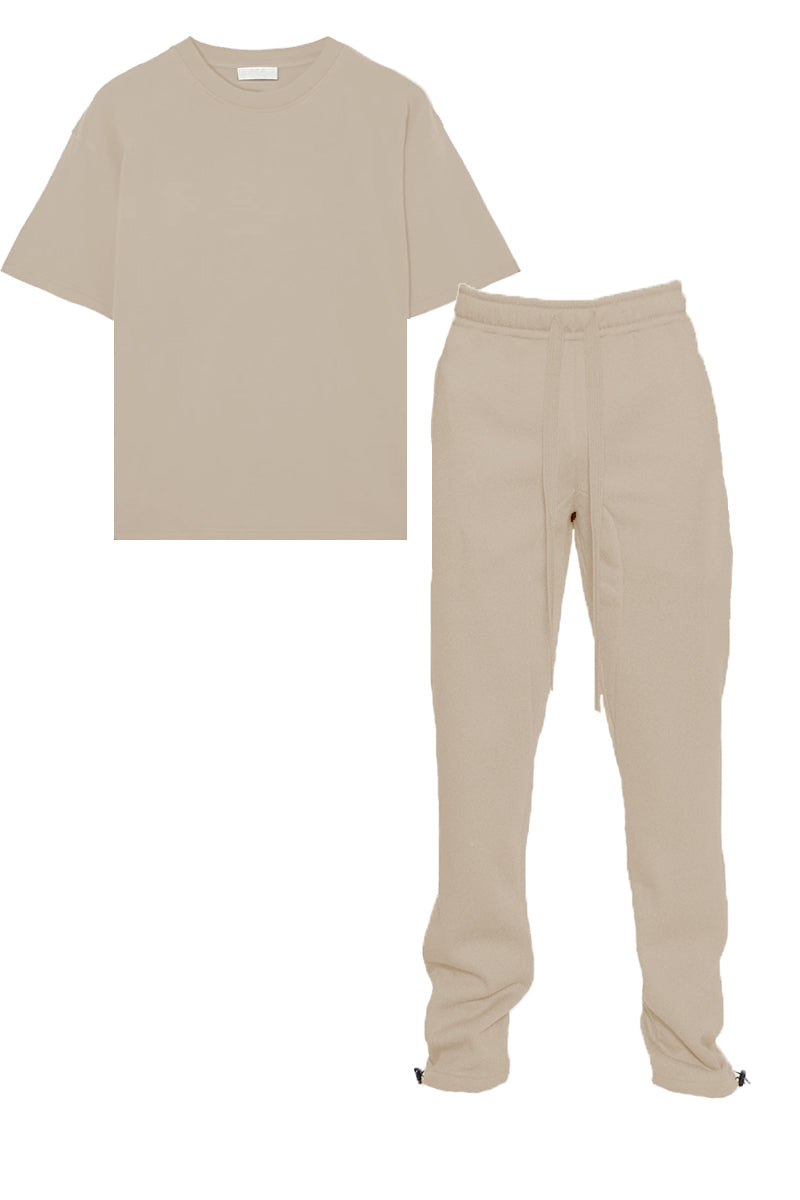 Beige long-sleeve top and pants set on a white background