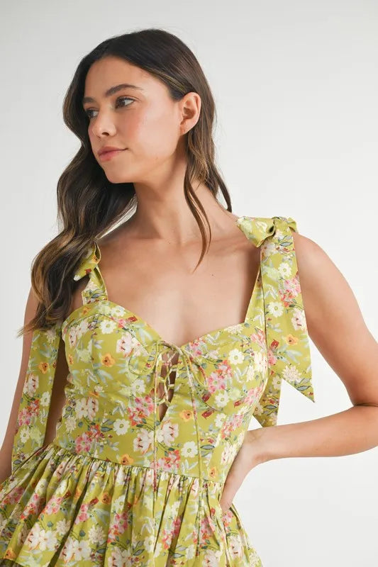 MABLE Floral Print Shoulder Tie Layered Mini Dress