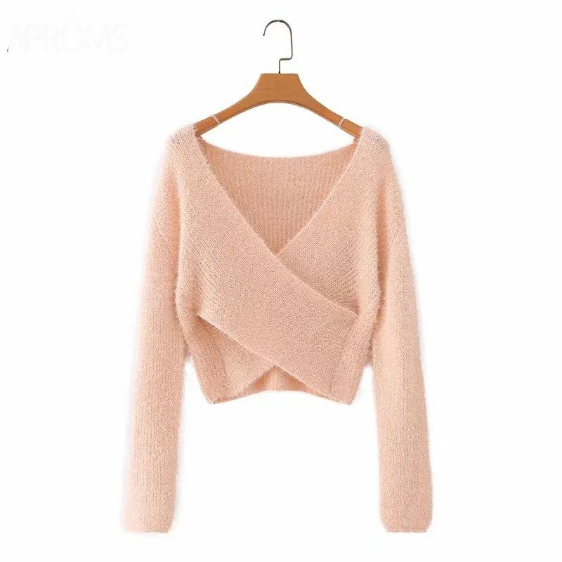 Fluffy Knitted Sweater V-neck Wrap Front Cropped Pullovers