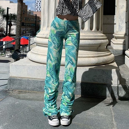 Stacked Wide Leg Summer Pants Green Tie Dye Long Pants