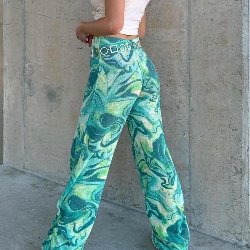 Stacked Wide Leg Summer Pants Green Tie Dye Long Pants