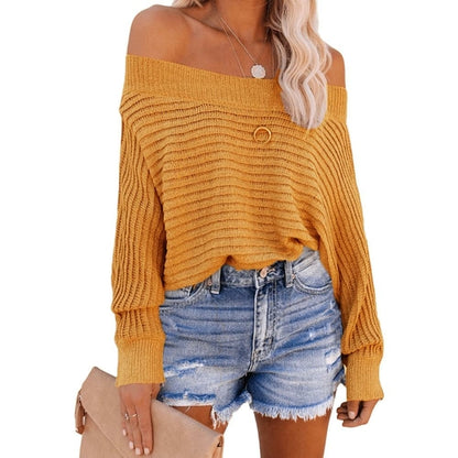 Solid Color Off Shoulder Knitted Pullover