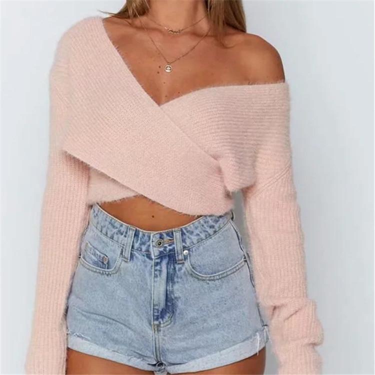 Fluffy Knitted Sweater V-neck Wrap Front Cropped Pullovers