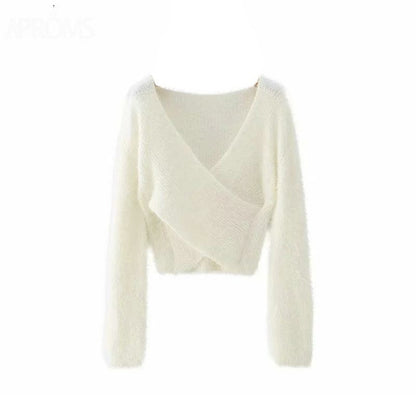 Fluffy Knitted Sweater V-neck Wrap Front Cropped Pullovers