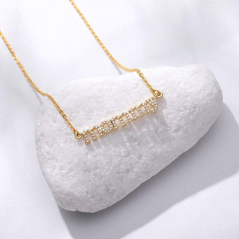 Crystal Pave CZ Letters mommy Pendant Necklace