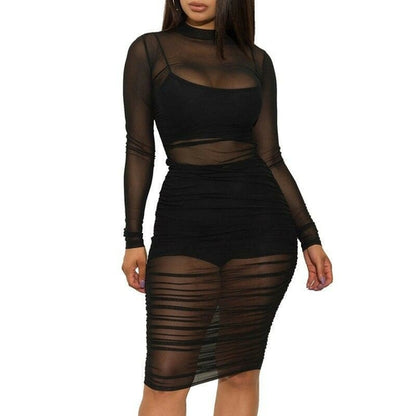 3 Piece Set Mesh Long Sleeve Mini Dress 