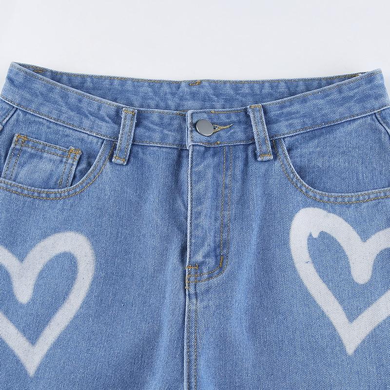 Vintage Heart Printed Y2K Baggy Jeans Women High Waist Jeans Denim