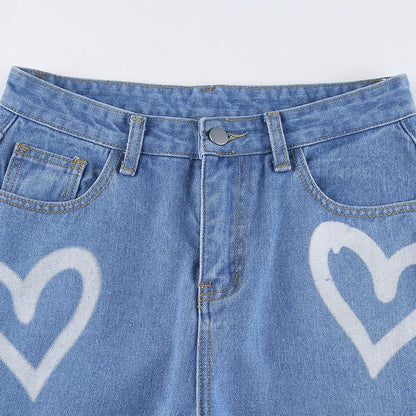 Vintage Heart Printed Y2K Baggy Jeans Women High Waist Jeans Denim