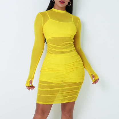 3 Piece Set Mesh Long Sleeve Mini Dress