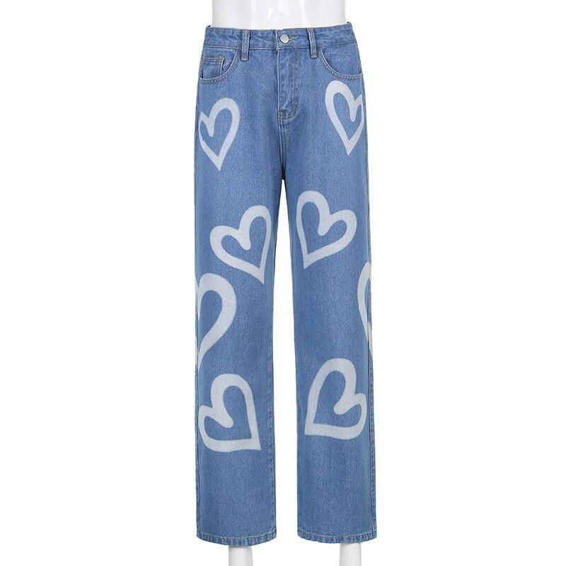 Vintage Heart Printed Y2K Baggy Jeans Women High Waist Jeans Denim