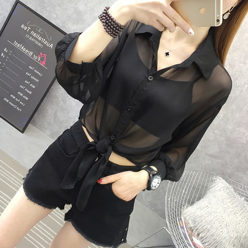 Chiffon Half Sleeve Button Up Blouses