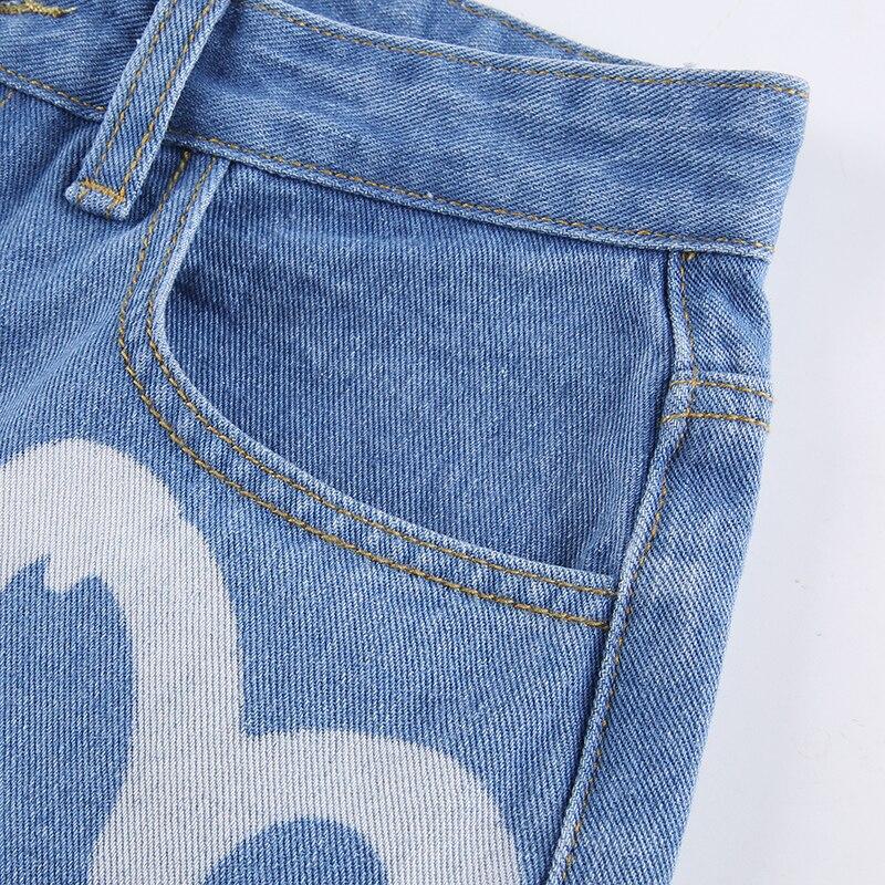 Vintage Heart Printed Y2K Baggy Jeans Women High Waist Jeans Denim