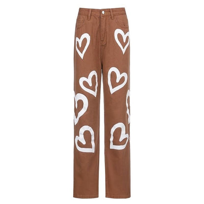 Vintage Heart Printed Y2K Baggy Jeans Women High Waist Jeans Denim