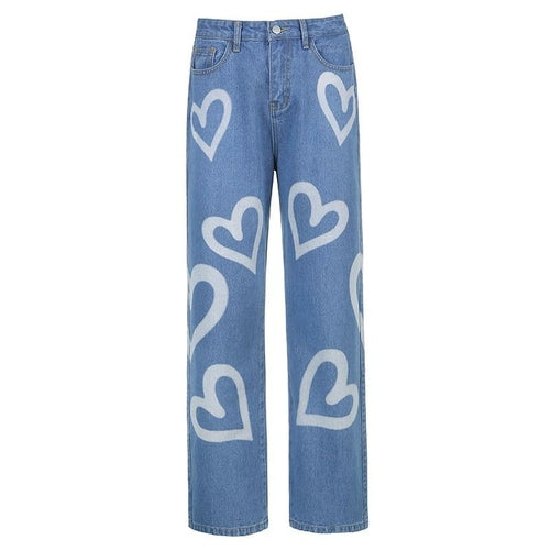 Vintage Heart Printed Y2K Baggy Jeans Women High Waist Jeans Denim