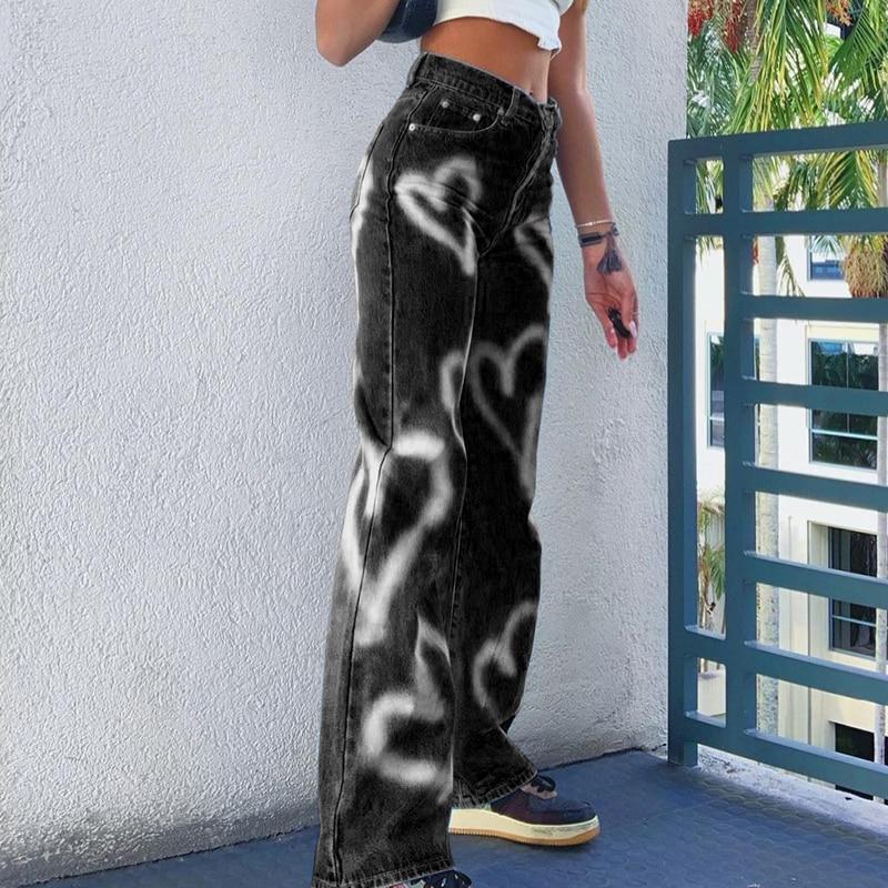 Vintage Heart Printed Y2K Baggy Jeans Women High Waist Jeans Denim