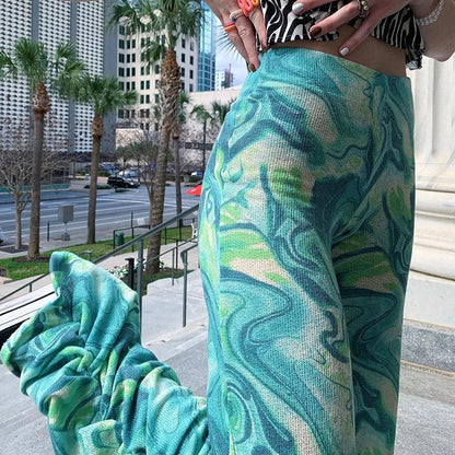 Stacked Wide Leg Summer Pants Green Tie Dye Long Pants