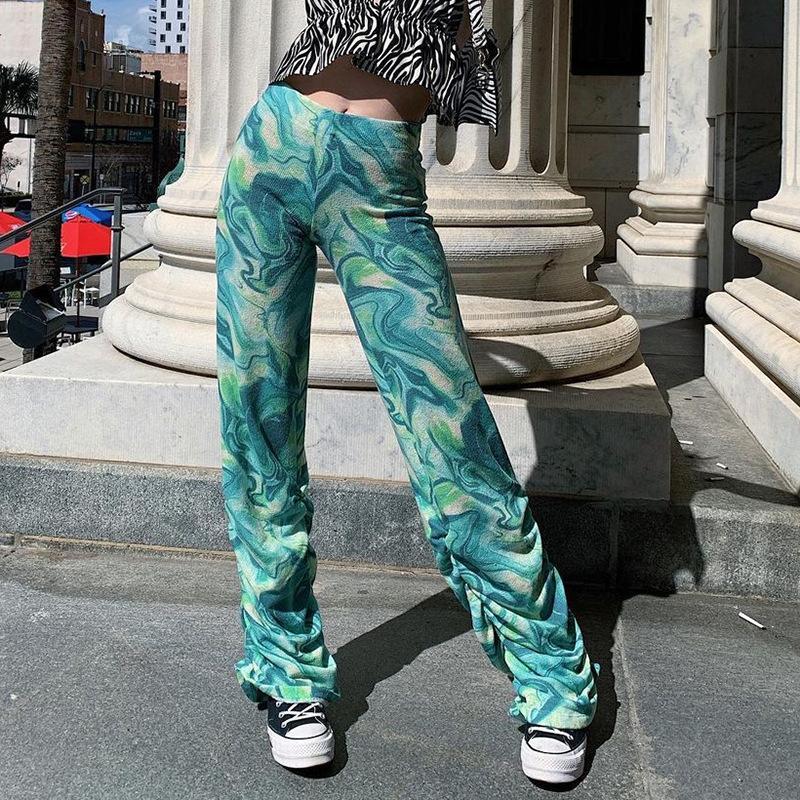 Stacked Wide Leg Summer Pants Green Tie Dye Long Pants