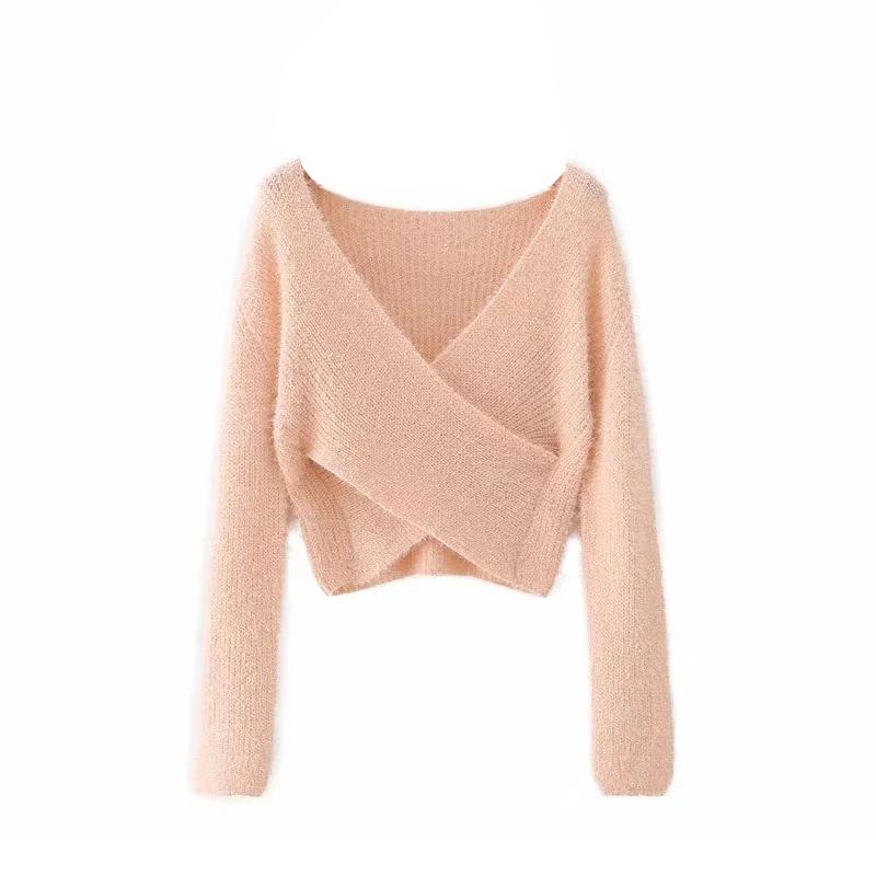 Fluffy Knitted Sweater V-neck Wrap Front Cropped Pullovers