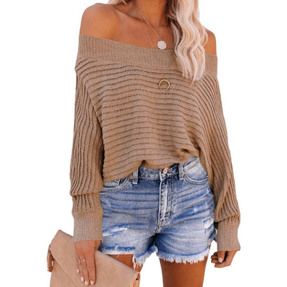 Solid Color Off Shoulder Knitted Pullover