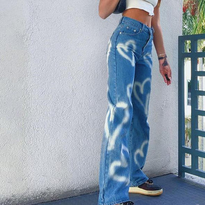 Vintage Heart Printed Y2K Baggy Jeans Women High Waist Jeans Denim