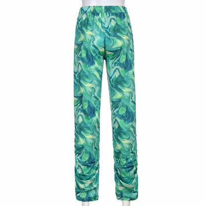 Stacked Wide Leg Summer Pants Green Tie Dye Long Pants