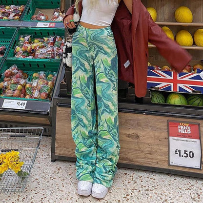 Stacked Wide Leg Summer Pants Green Tie Dye Long Pants