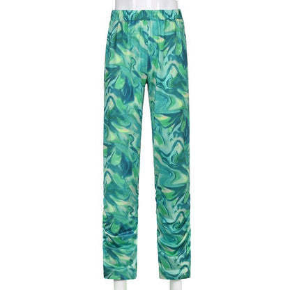 Stacked Wide Leg Summer Pants Green Tie Dye Long Pants